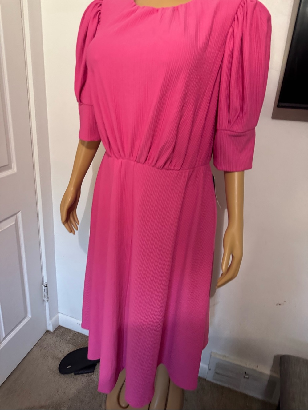 Maison Tara Hot Pink Pleated Midi Dress with Puff Sleeves